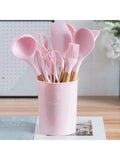 Jogo Kit com 12 Peças Utensílios De Cozinha Colheres Espátula Silicone Cabo Madeira Decoração Diversas Cores - Envio Imediato