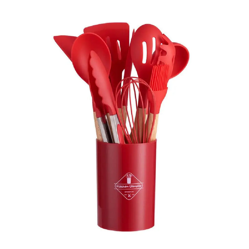 Jogo Kit com 12 Peças Utensílios De Cozinha Colheres Espátula Silicone Cabo Madeira Decoração Diversas Cores - Envio Imediato