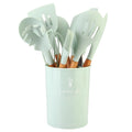 Jogo Kit com 12 Peças Utensílios De Cozinha Colheres Espátula Silicone Cabo Madeira Decoração Diversas Cores - Envio Imediato