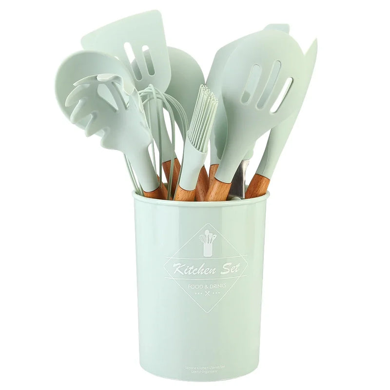 Jogo Kit com 12 Peças Utensílios De Cozinha Colheres Espátula Silicone Cabo Madeira Decoração Diversas Cores - Envio Imediato