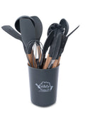 Jogo Kit com 12 Peças Utensílios De Cozinha Colheres Espátula Silicone Cabo Madeira Decoração Diversas Cores - Envio Imediato