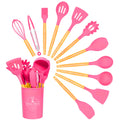 Jogo Kit com 12 Peças Utensílios De Cozinha Colheres Espátula Silicone Cabo Madeira Decoração Diversas Cores - Envio Imediato