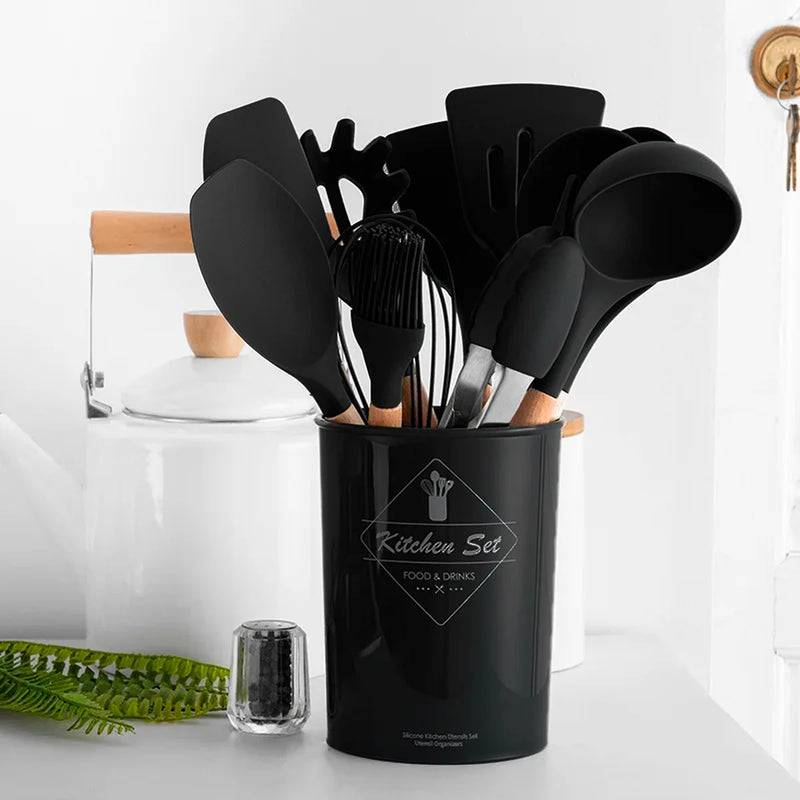 Jogo Kit com 12 Peças Utensílios De Cozinha Colheres Espátula Silicone Cabo Madeira Decoração Diversas Cores - Envio Imediato